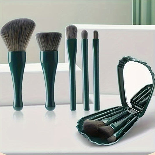5 Pcs Soft Bristle Makeup Brush Set with Travel-Friendly Mirror Case